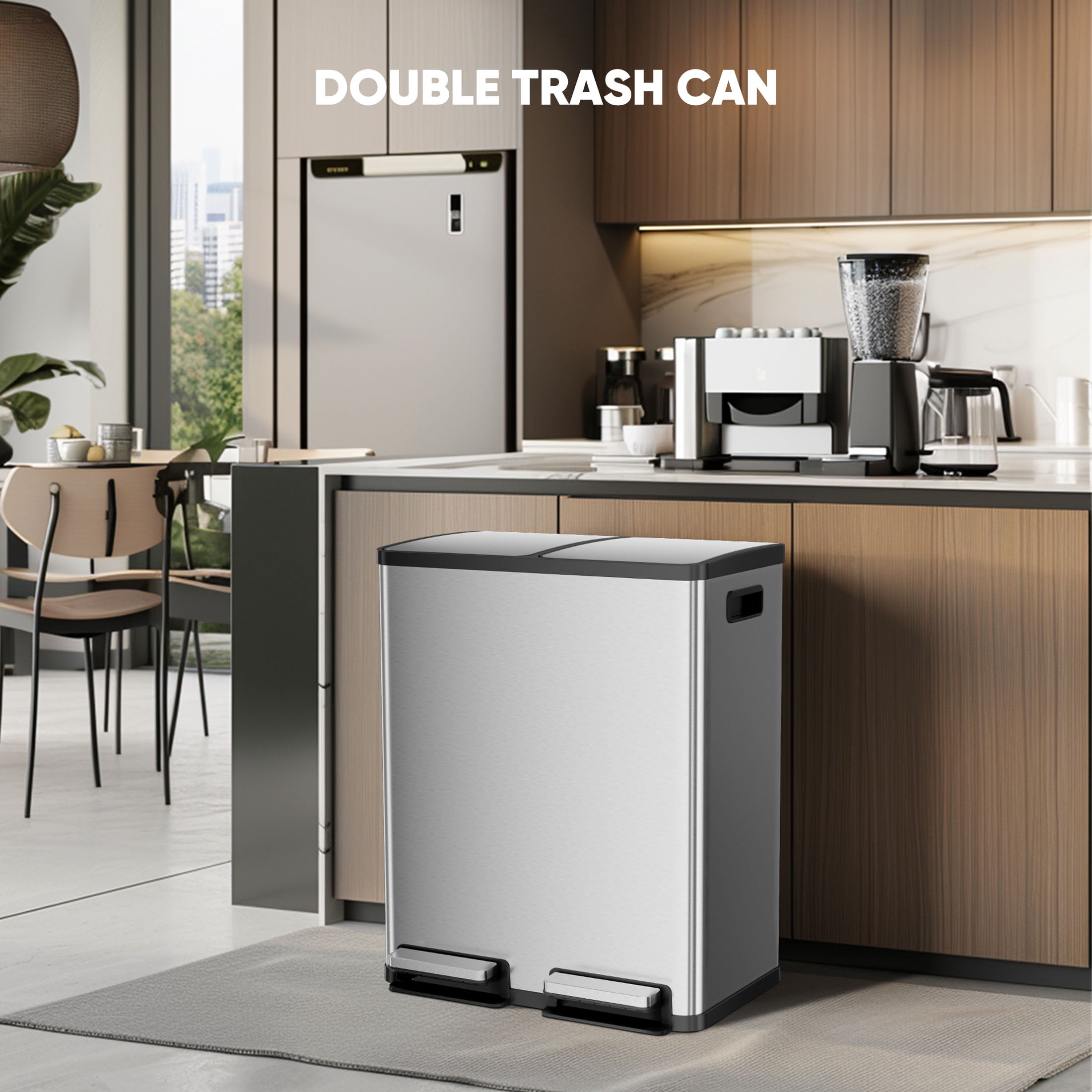 EDX 2 x 8.3 Gallon Dual Garbage Recycle Trash Can with Lid, Inner Buckets for Kitchen, Stainless Steel, Sliver