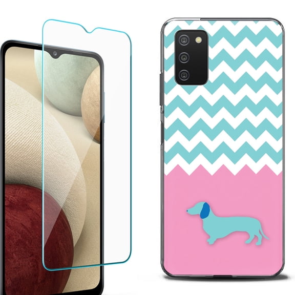 Slim-Fit Protective Fashion Phone Case (Black) for Samsung Galaxy A03s, with Tempered Glass Screen Protector, by OneToughShield ® - Chevron/Dachshund/Puppy