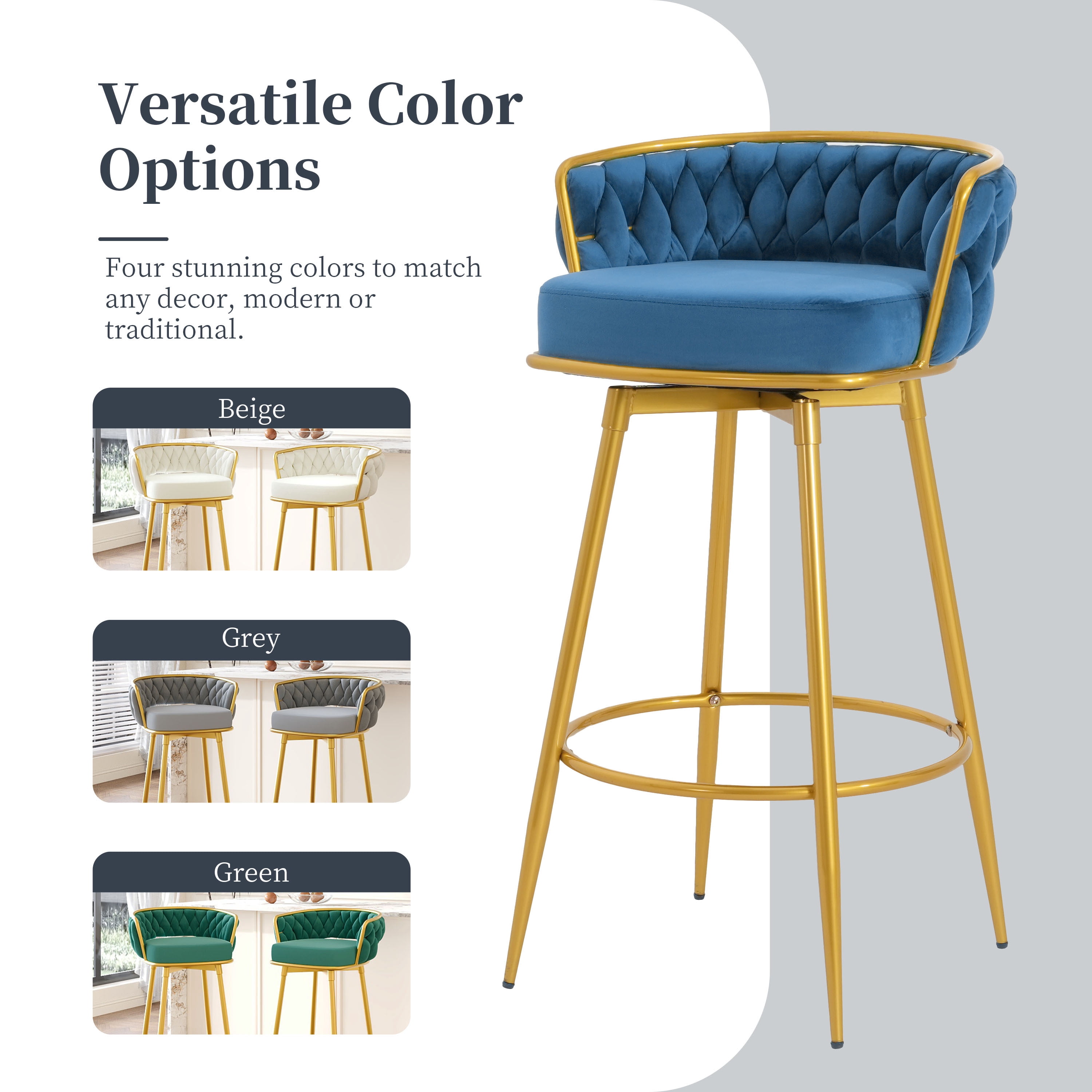 EUROCO Swivel Counter Height Bar Stools Set of 2, 31.5" Upholstered Bar Chairs with Hand-Woven Backrest & Gold Metal Legs,Tall Armless Kitchen Chairs for Island,Blue