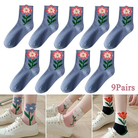 

9Pair Women Socks Cartoon Tulip Flower Candy Color Socks Breathable Casual