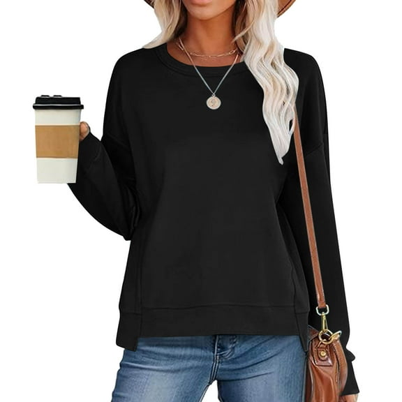 qolati Womens Oversized Cropped Sweatshirt Basic Solid Crewneck Long Sleeve Shirts Trendy 2024 Fall Tops Casual Loose Irregular Hem Pullover Hoodie