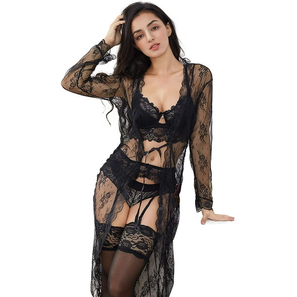 Women's Lace Lingerie Set Robe and Bra and Panties and Garter and