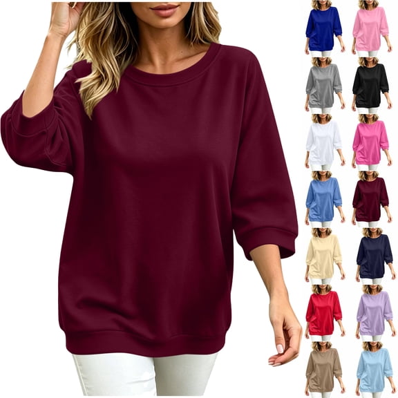 Fashion 3/4 Sleeve Shirts for Women Plus Size Fall Casual Solid Color Loose Blouse Round Neck Blouses Comfortable Top