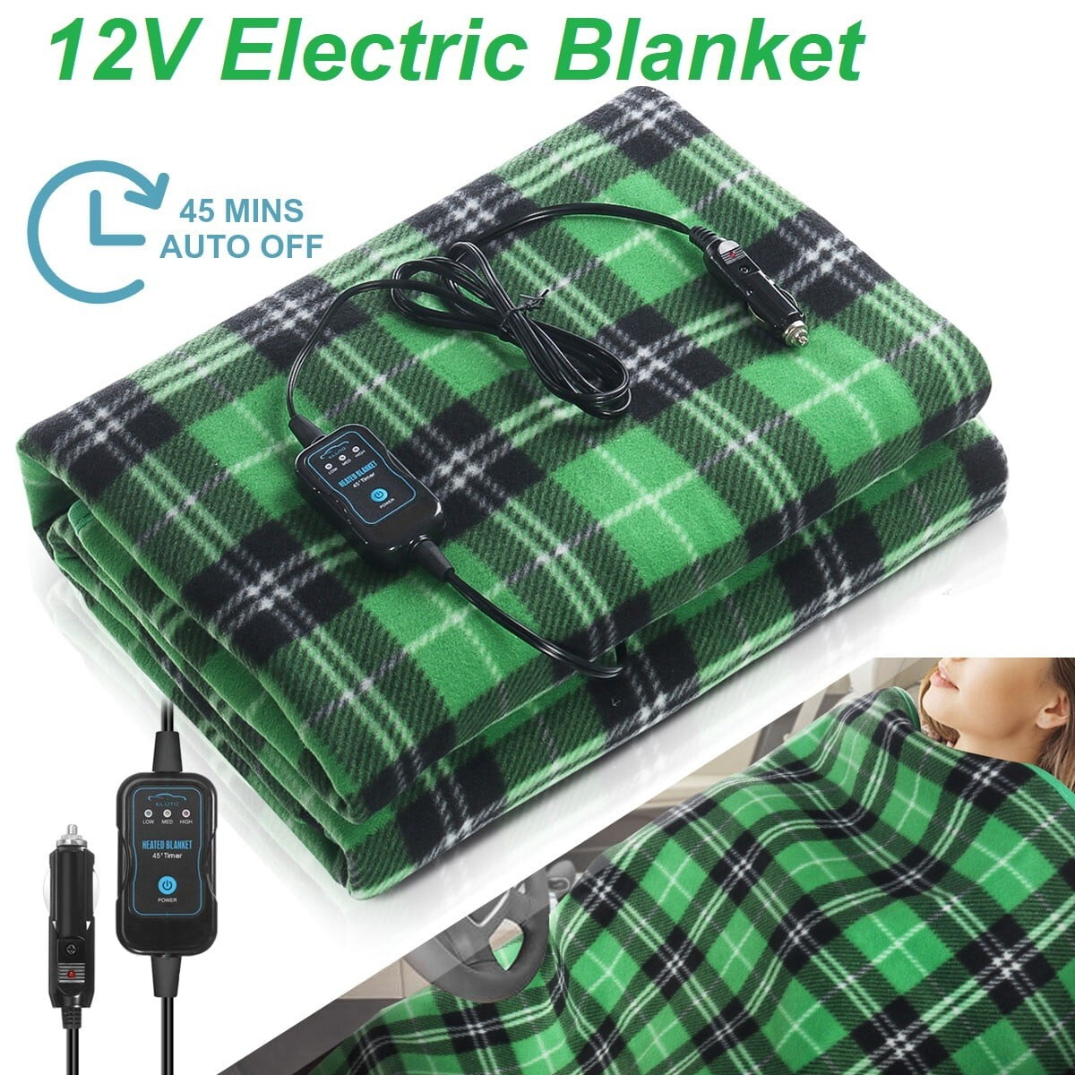 12V Electric Car Blanket Polar Fleece Portable Heated Warm Travel