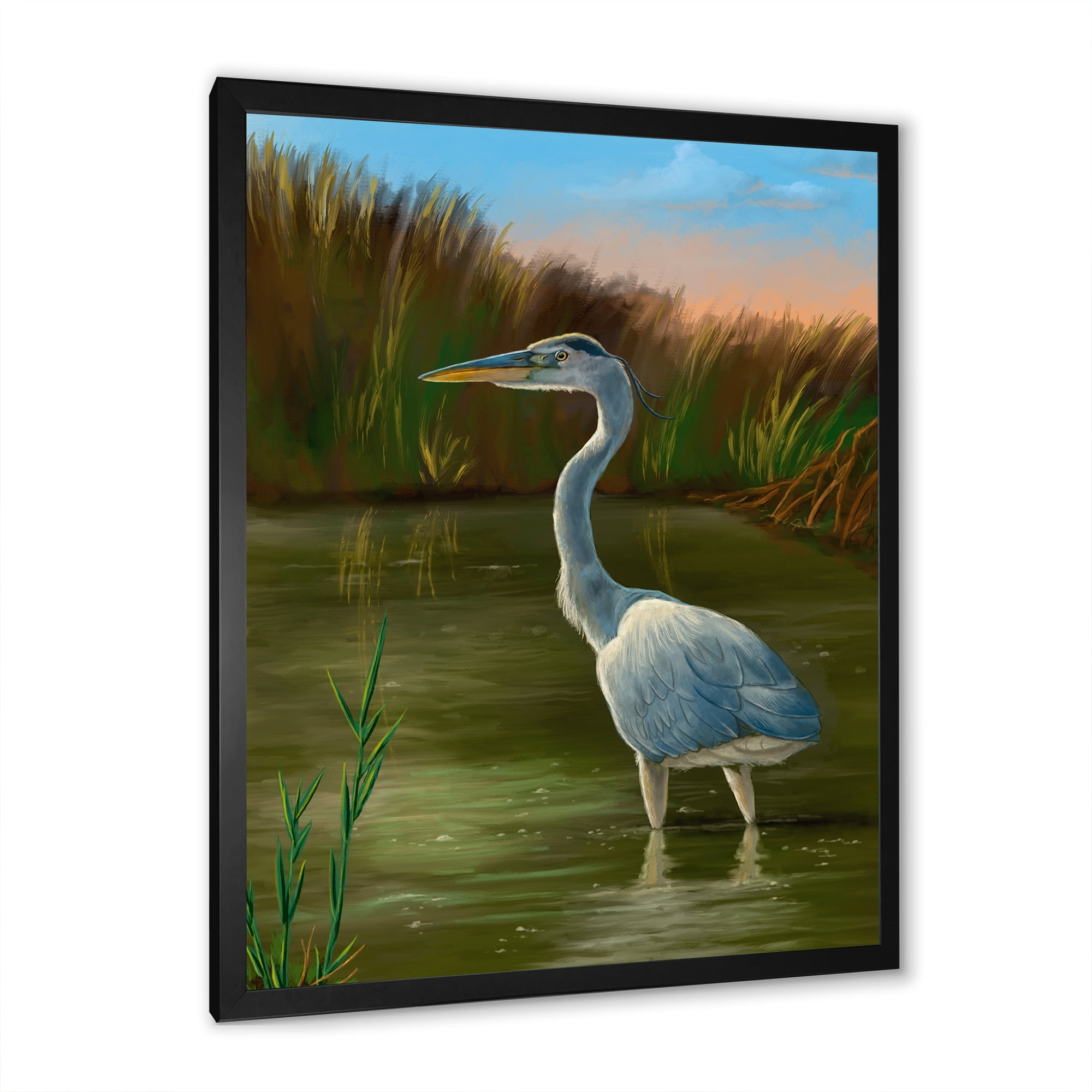 Designart 'Blue Heron Wetland Bird on The Lake Shore' Traditional Framed Art Print