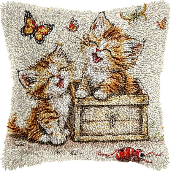 Two Cute Happy Cats Butterfly Latch Hook kits Pillow Color Printed Cushion Crochet Yarn Needlework DIY Hook Latch Kit Pillowcase Rug Cover Home Sofa Christmas Decor 43x43cm