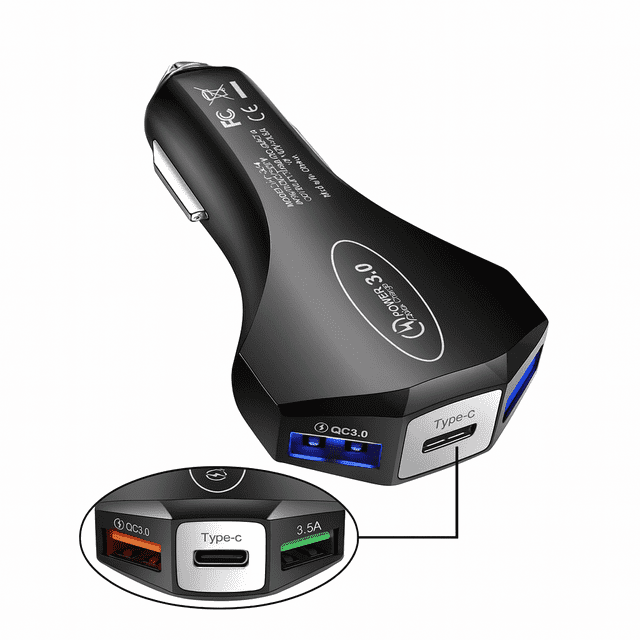 Cargador de Auto Universal 3 Puertos USB Tipo C QC 3.0 Carga Rápida Negro