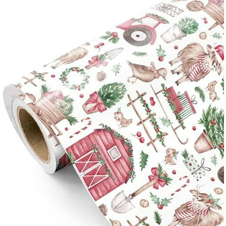 Farmhouse Christmas Wrapping Paper - Mini Roll - 17 Inch x 16.5 Feet - Festive Farm Animals and Cow Christmas Farm Wrapping Paper for Xmas Holiday, Party Celebration