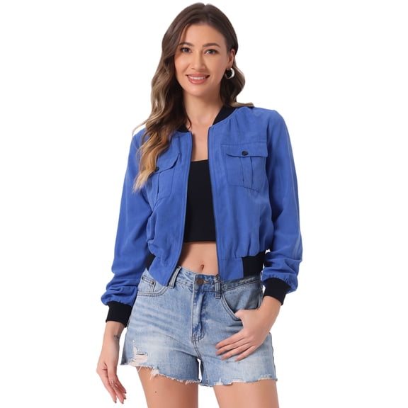 DARING DIVA Stand Collar Zip Up Flap Pocket Long Sleeve Bomber Jacket XS Blue