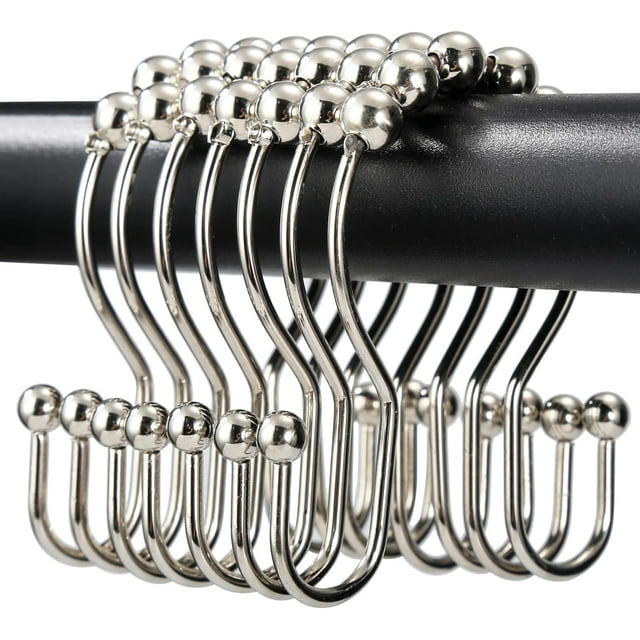 Shower Curtain Hooks, OEH Shower Curtain Rings, Metal Shower Curtain Rings Rust Proof, Smooth Gliding Metal Shower Curtain Hooks Rust Proof, Double Shower Hooks for Shower Curtain, 12 Pcs, Nickel