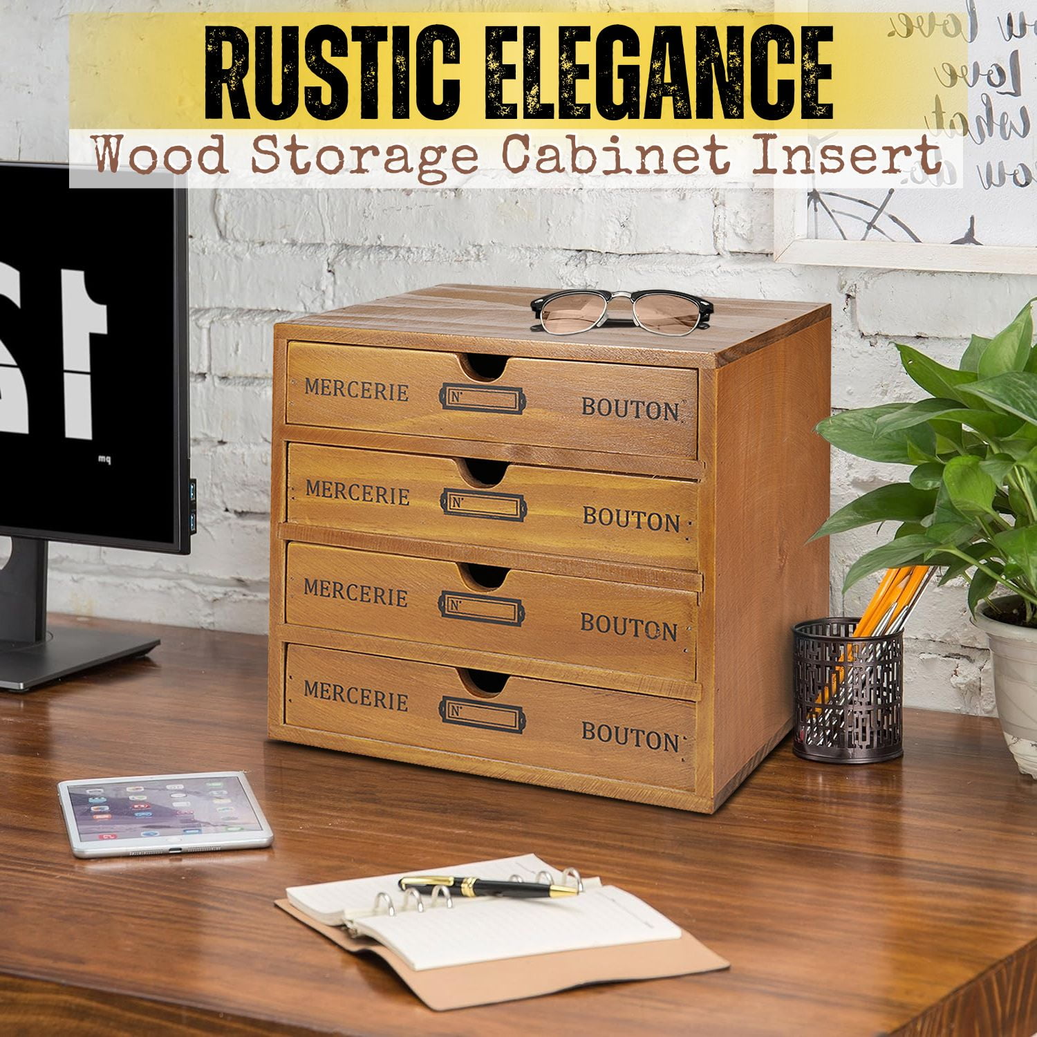 Wooden Desktop Office Supplies Organizer with 4 Storage Drawers Set, 4-Tier Wood Tabletop Cabinet, Countertop Desk Accessories Box, for Home Workspace Counter Vanity Decor Art Craft Tool Mail