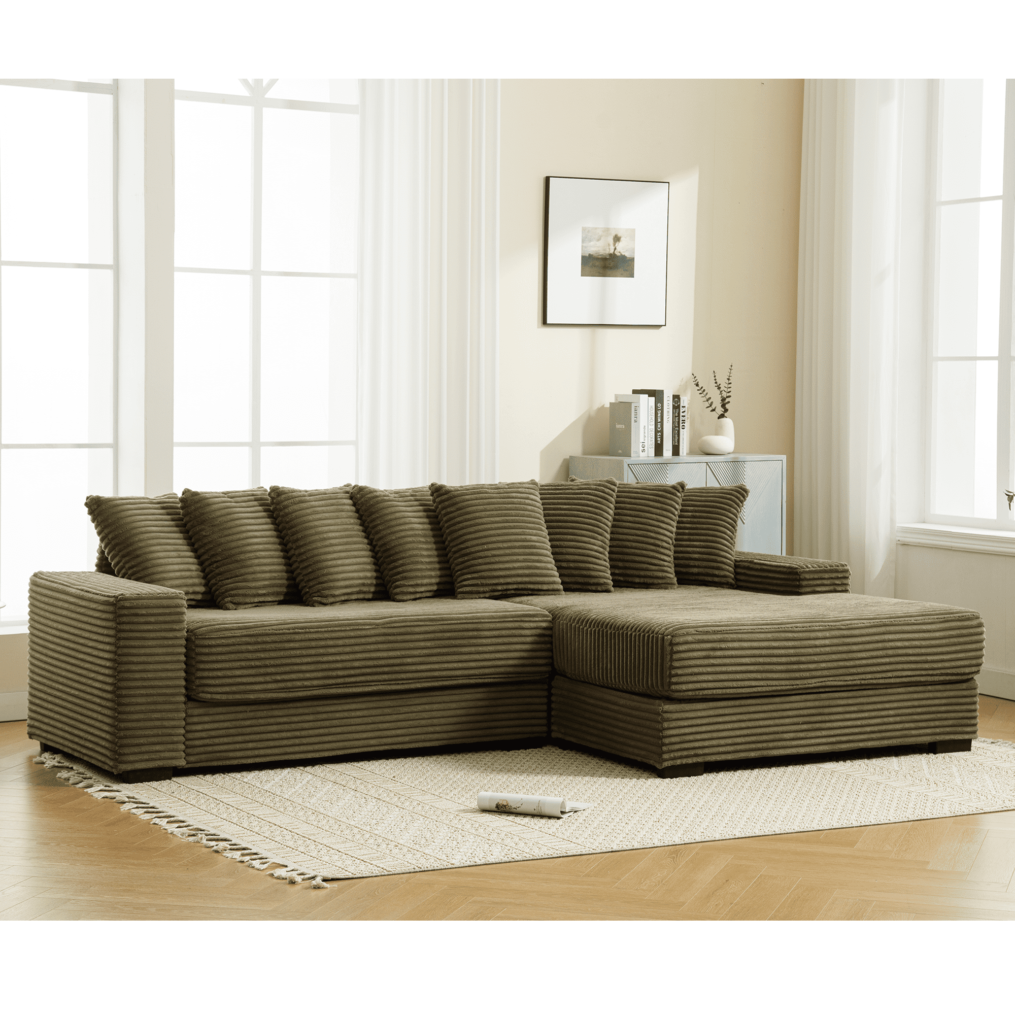 AISWORD 111" Oversized 3-Seat L-Shaped Sectional Sofa with Left Chaise, Luxury Corduroy Fabric Modular Couch with 8 Throw Pillows, Easy Assembly for Living Room