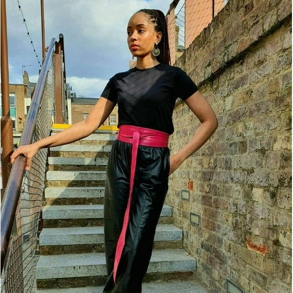 Leather brass buckle obi belt, leather wrap belt, plus size belt, Christmas gift, gifts for her, long wide belt PINK - Gitas Portal