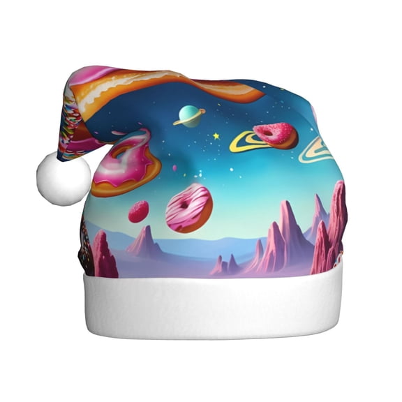 Fuzoiu Starry Sky Colorful Donut Print Santa Hat Christmas Hat for Adults,Santa Hats with Pompom, Unisex Xmas Holiday Hat for Christmas New Year Festive Party Supplies