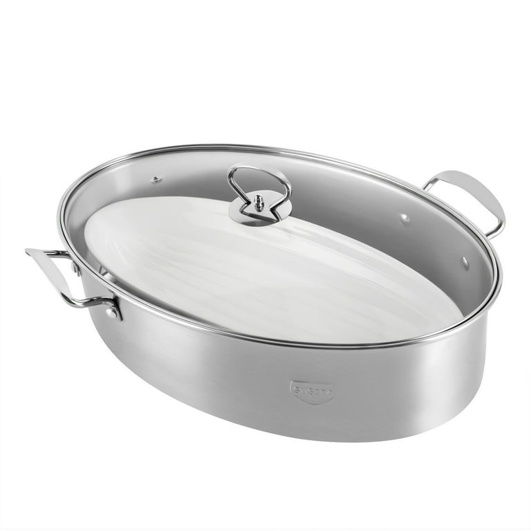 Oukaning Stainless Steel Oval Steamer Cookware Fish Steamer Multifunctional Fish Steamer Roasting Pan w/ Lid, Size: 37.8, Silver