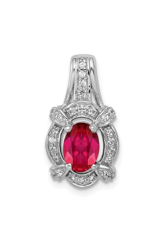 14K White Gold Charm Pendant Ruby Oval Red Diamond Round