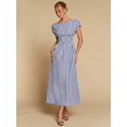 thumbnail image 3 of Blue And White Striped Off-Shoulder Cinched Waist Midi Dress For Women, 3 of 6