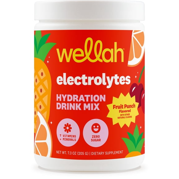 Wellah Electrolytes Powder (Fruit Punch) 50 Servings - Hydration Drink Mix, 7 Vitamins & Minerals, Zero Sugar