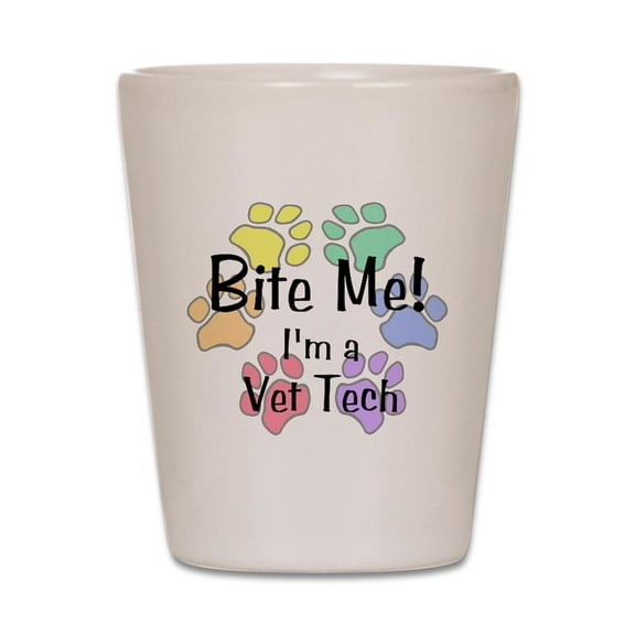 CafePress - Shot Glass Bite Me I'm A Vet Tech Pawprints - White Shot Glass, Unique and Funny Shot Glass