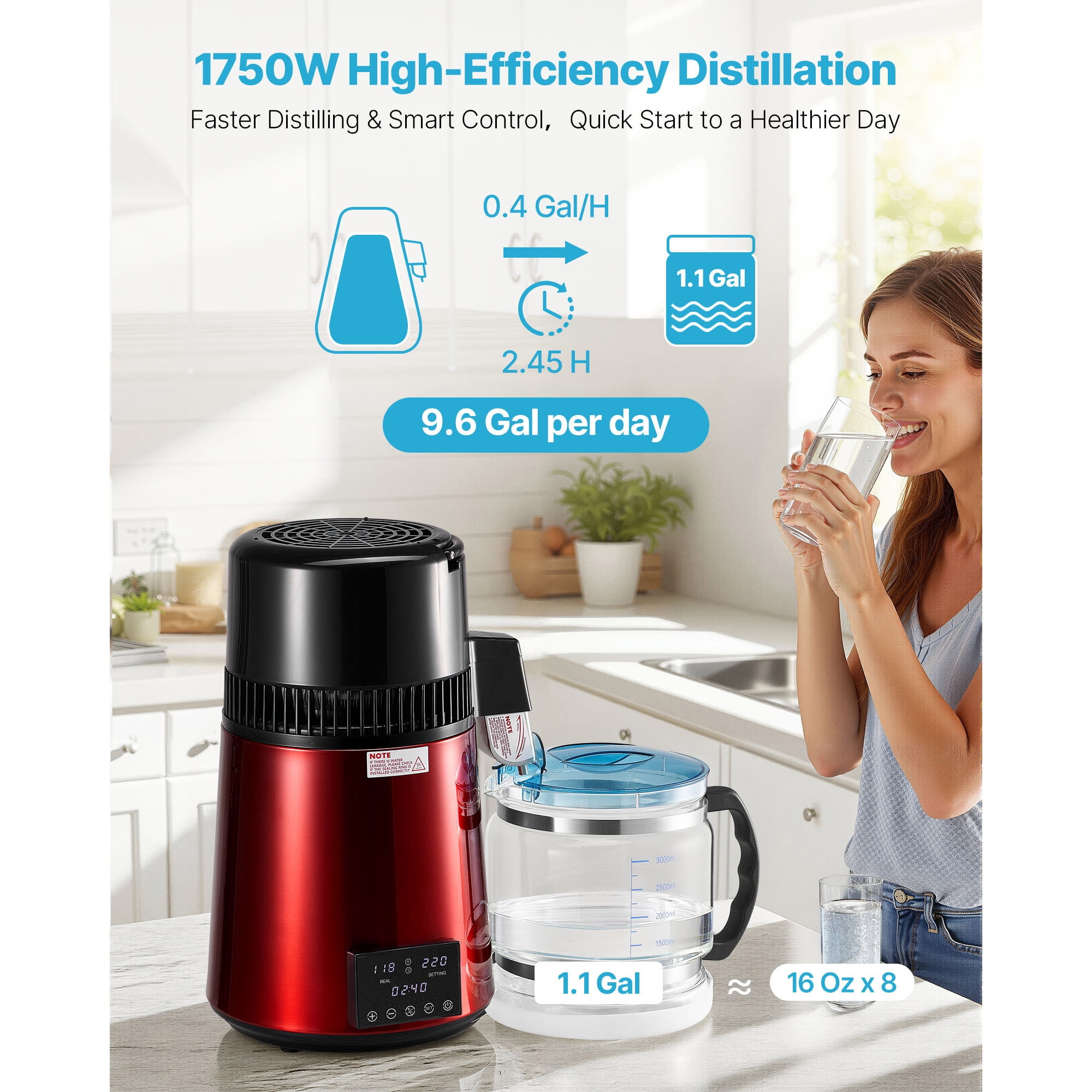 KFFKFF 4L 1.1 Gallon Water Distiller for Home Use, 1750W Countertop Purifier with Glass Container, Stainless Steel Interior for Producing Clean Drinking Water, Red