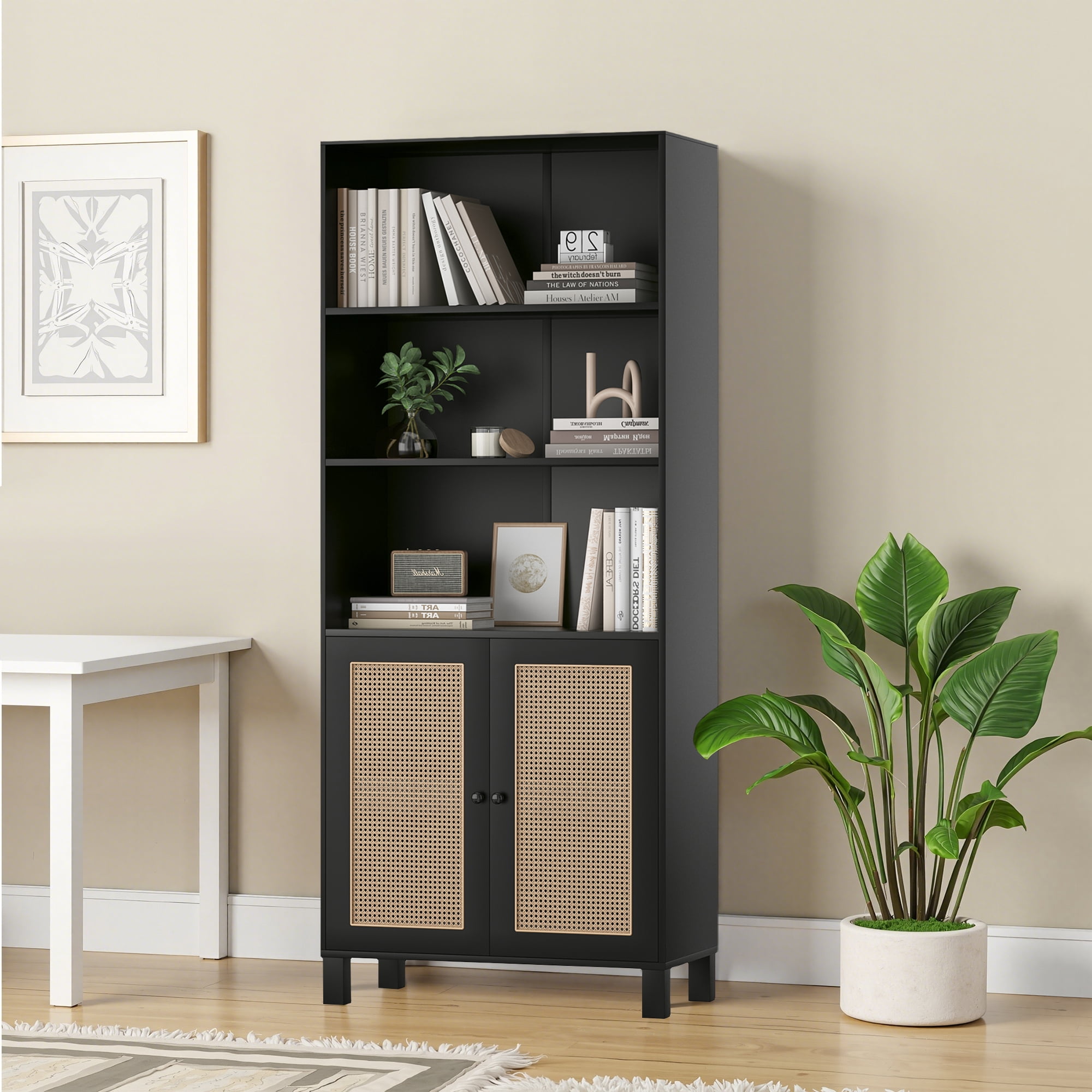 MAYEERTY 5-Shelf Bookcase with Rattan Doors, Tall Display Shelves for Home Office & Bedroom, Black