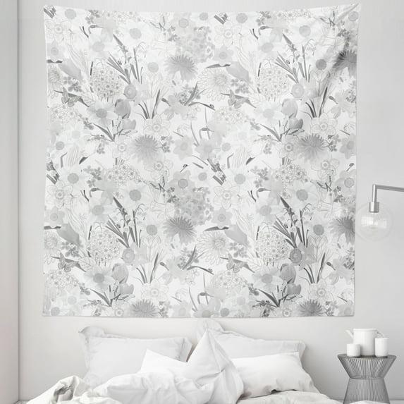 Flower Tapestry, Monochrome Bouquet of Wildflowers Leaves Pattern with Butterflies, Fabric Wall Hanging Decor for Bedroom Living Room Dorm, 5 Sizes, Pale Grey Grey and White, by Ambesonne