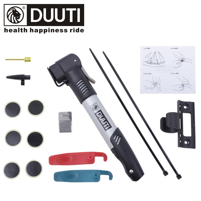 Bike Pump Portable Bike Tire Pump Bicycle Tire Pump with Tire Repair Tools. The image displays a durable aluminum alloy bike pump with a stretchable design for portability, alongside a tire repair kit. The kit includes six patches, two nylon tire levers in red and blue, two cable zip ties, a ball pump needle, a nozzle, a stainless steel rasp, a mounting bracket, and a user manual. The pump supports inflation up to 120 psi and is versatile for bike tires, sports balls, and inflatable toys. All items are arranged on a white background for clarity.