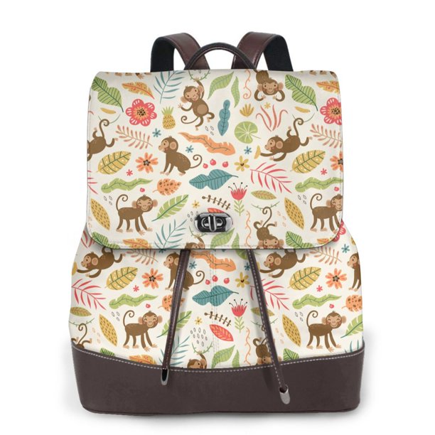 Easygdp Monkeys in the Jungle Mochila de Cuero para Mujeres, Bolso de Hombro, Bolsos de Mano de Moda para Trabajo y Viajes