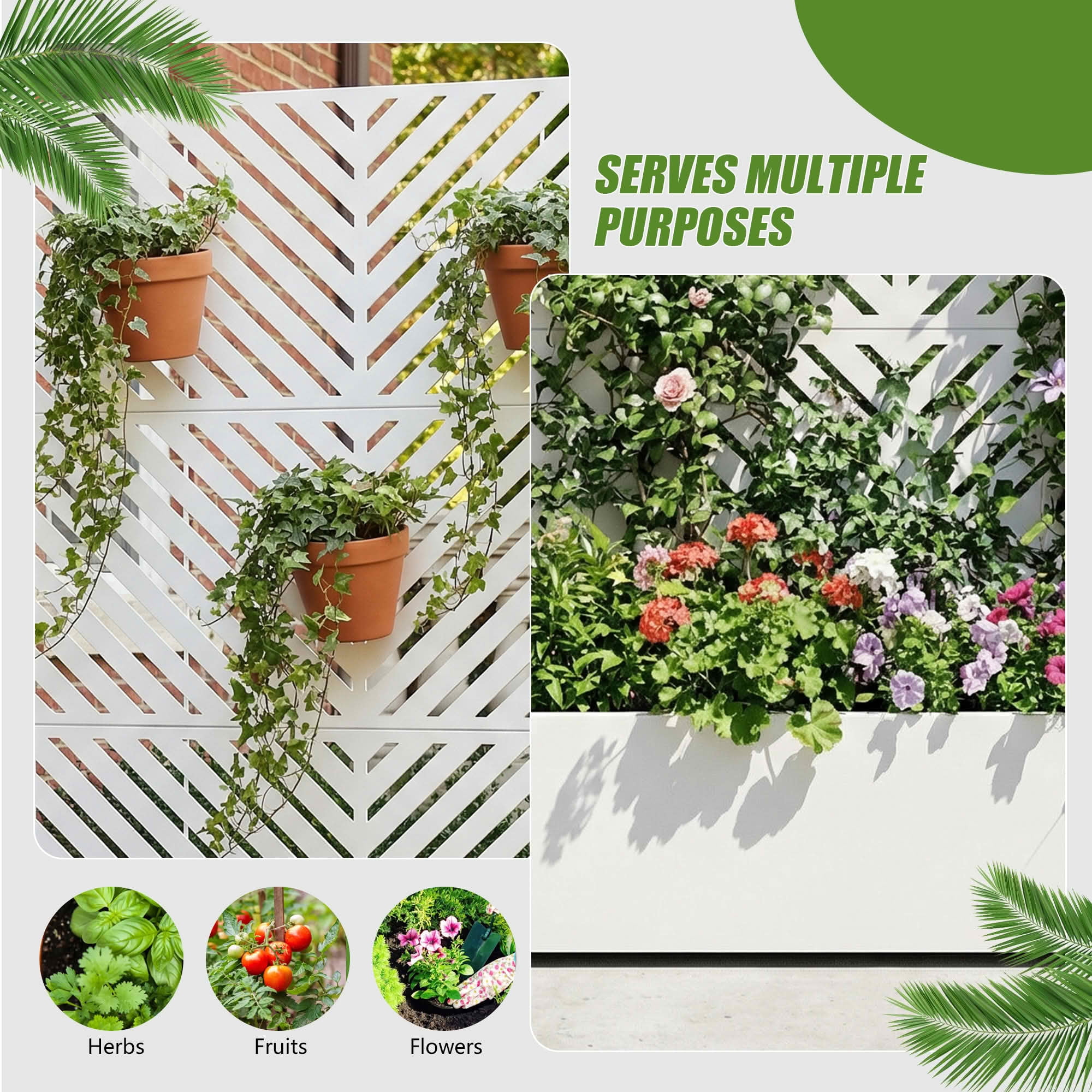 MAYEERTY 72X47" Metal Outdoor White Privacy Screen with Planter Box for Backyard & Garden, 3 Piece Set