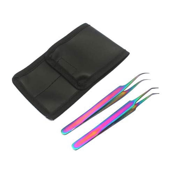 OdontoMed2011® Set Of 2 Stainless Steel Multi Titanium Rainbow Color 3d Eyelash Extension Tweezers A Type Angled   Strong Curved Fine Point Jewelry-making, Laboratory Work
