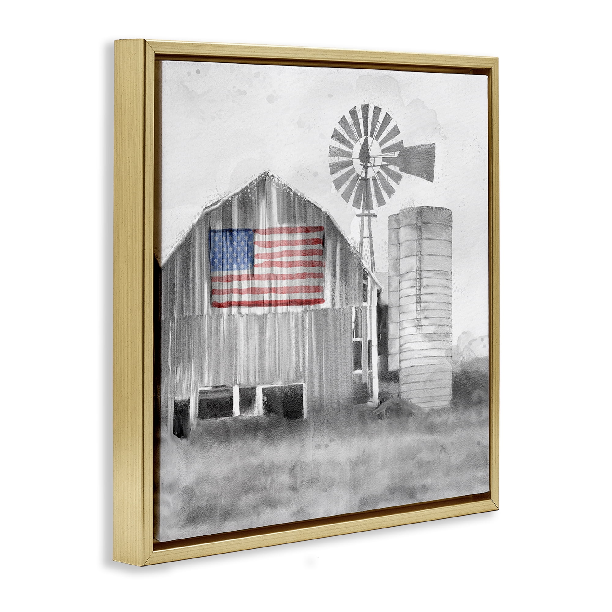 Stupell Industries Grandfather's Barn with Flag Gold Framed Floater Canvas Wall Art, design by Kim Allen
