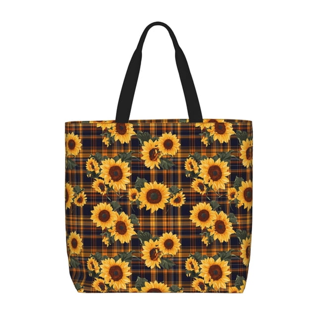 Easygdp Brown Blue Plaid Sunflower Bolsa Tote para Mujer, Bolso de Hombro para Trabajo, Playa, Viajes, Compras y Supermercado
