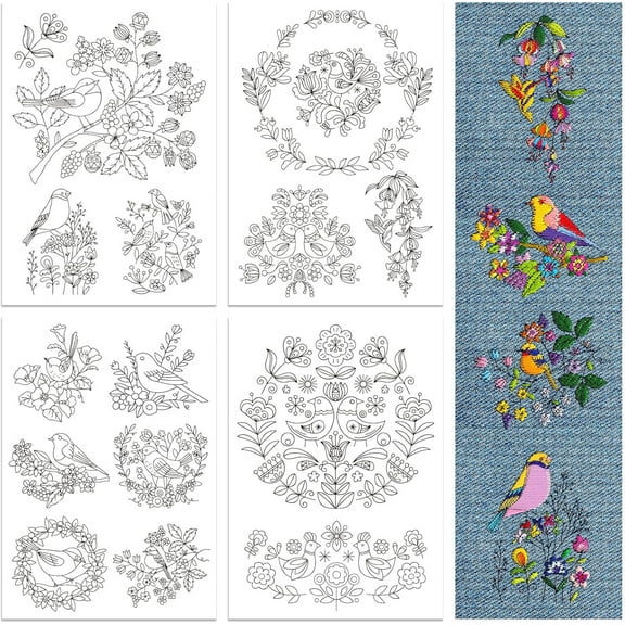 1 Set Water Soluble Embroidery Patterns for Beginners 4 Sheets with 14pcs Bird and Flower Patterns Wash Away Stick and Stitch Embroidery Pattern Stabilizer for Hand Sewing Lover Women Adults