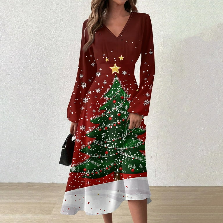 navy blue dress for baby girl Women's V-Neck Long Sleeve Print Long Dress with Christmas Tree Snowman  Snowflake AI Design, Casual Fashion Fall and Winter Dress for Holiday  Parties and Everyday,Wine,2XL