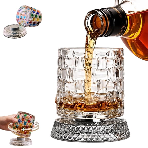 Hand-Painted Embossed Rotating Whiskey Glass – Artistic 360° Spinning Bourbon Tumbler, Rocks Drinking Glass Cup for Home Bar, Gift for Men
