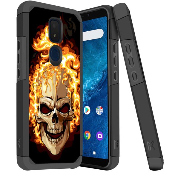ANJ  Dual Layer Shockproof Hybrid Case   [Tempered Glass] Cover for Cricket Icon 3, Splendor, AT&T Motivate 2 - Flame on Skull