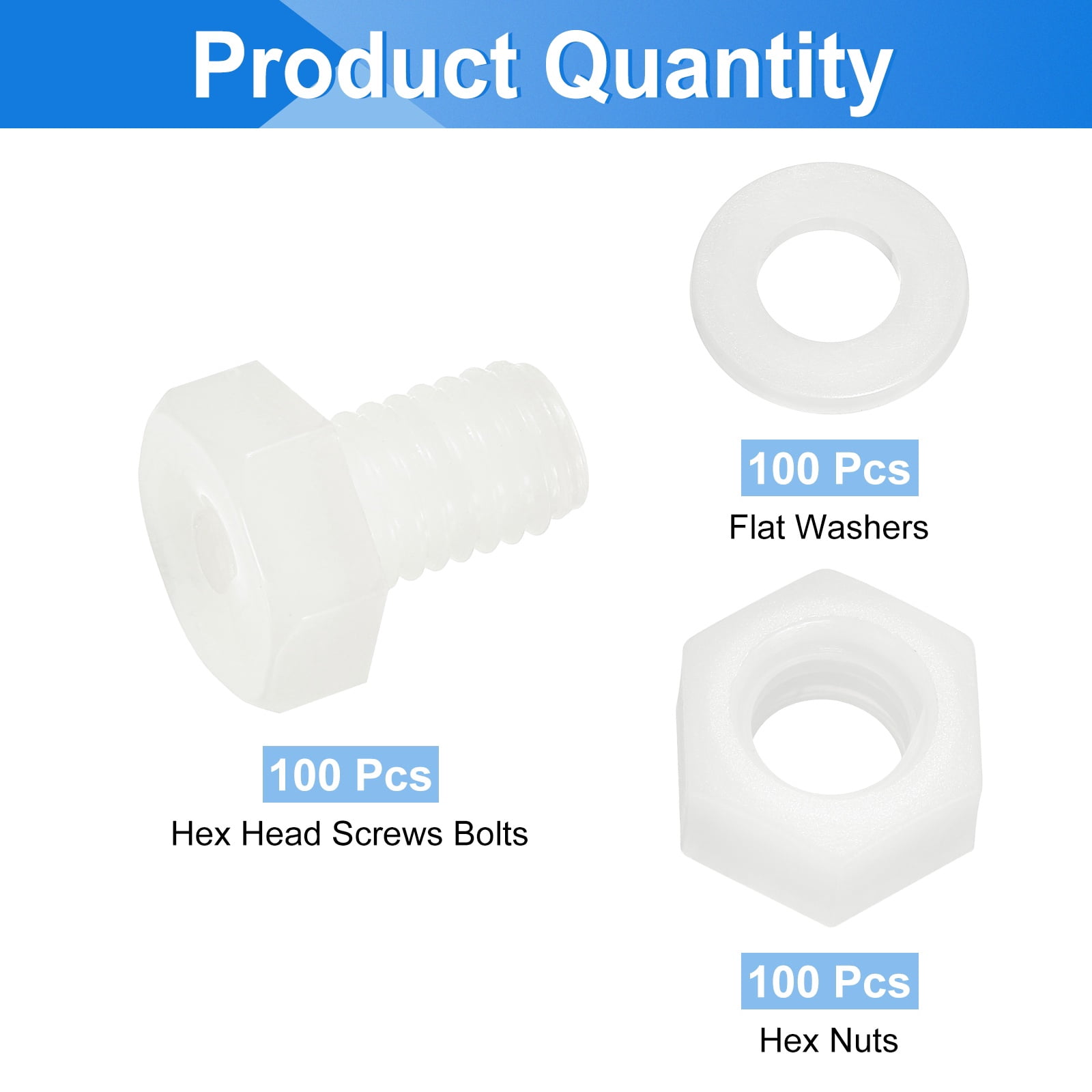 Uxcell 300 Pack/100 Sets Nylon Hex Bolts, M8 x 12mm Plastic Full Threaded Hex Head Screws Bolts and Nuts with Flat Washers for Machinery Electronics Industrial Accessories, White