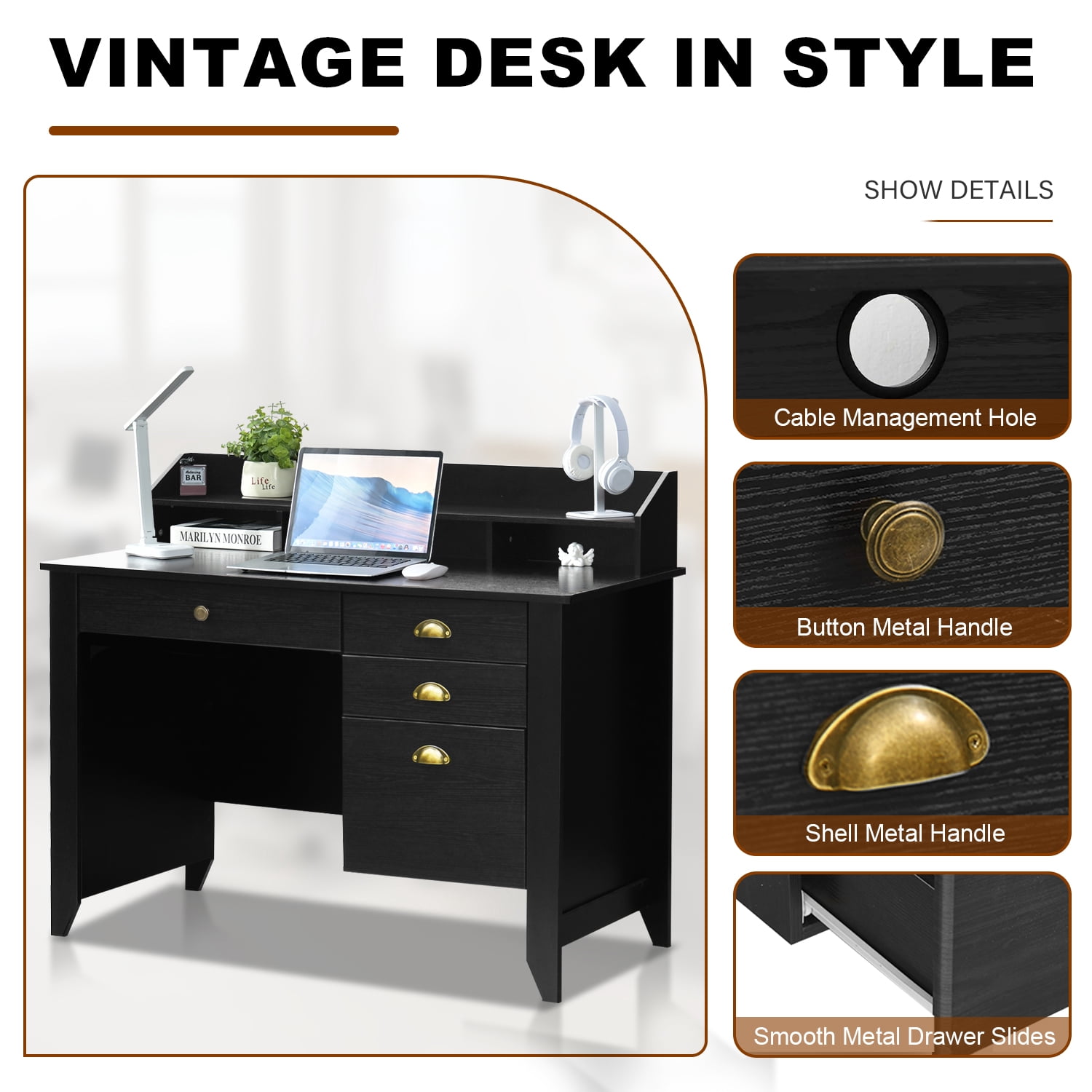 Catrimown Computer Desk, 47.5 in Desk with 4 Drawers, Home Office Desk with Monitor Stand, Matte Black
