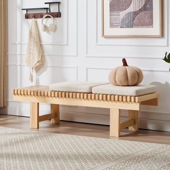 Zesthouse 59.4" Slatted Wooden Entryway Bench, Farmhouse Wooden Shoe Bench with 2 Linen Seat Cushions, Natural Solid Wood Legs, Indoor End of Bed Stool for Hallway, Living Room, Beige