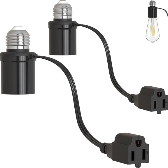 Light Socket Outlet Adapter, 3 in 1 Light Socket to Plug Adapter, Convert E26/E27 Bulb Socket to 3 Prong Outlet with Extension Cord, Suitable for Outdoor Porch Patio Garage 2-Pack