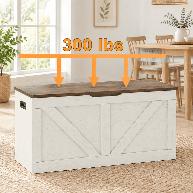 Brown + Rustic White Wooden Storage Bench Large Trunk 39.4 Inch ...