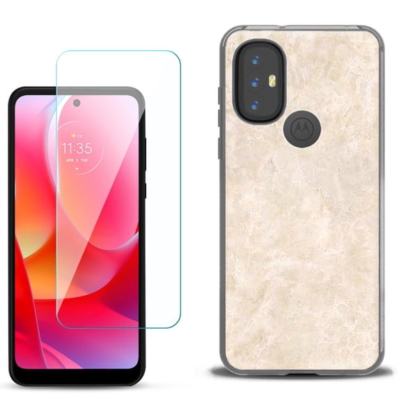 Slim-Fit Gel TPU Phone Case for Motorola Moto G Power 2022, with Tempered Glass Screen Protector, by OneToughShield ® - Marble / Latte