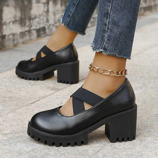 KIJBLAE Women Shoes Black Round Toe Mary Jane Vintage Chunky Heel Cross  Strap Buckle Lolita Kawaii Punk Shoes Retro 90s Grunge Style Black 38 -  Walmart Business Supplies