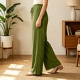 thumbnail image 5 of Women's Cotton Spandex Wide Leg Pants, Elastic Drawstring High Waist, Loose Soft Pockets, Casual Summer Beach Travel Lounge, Flowy Trousers | VerBelle,Army Green L, 5 of 7