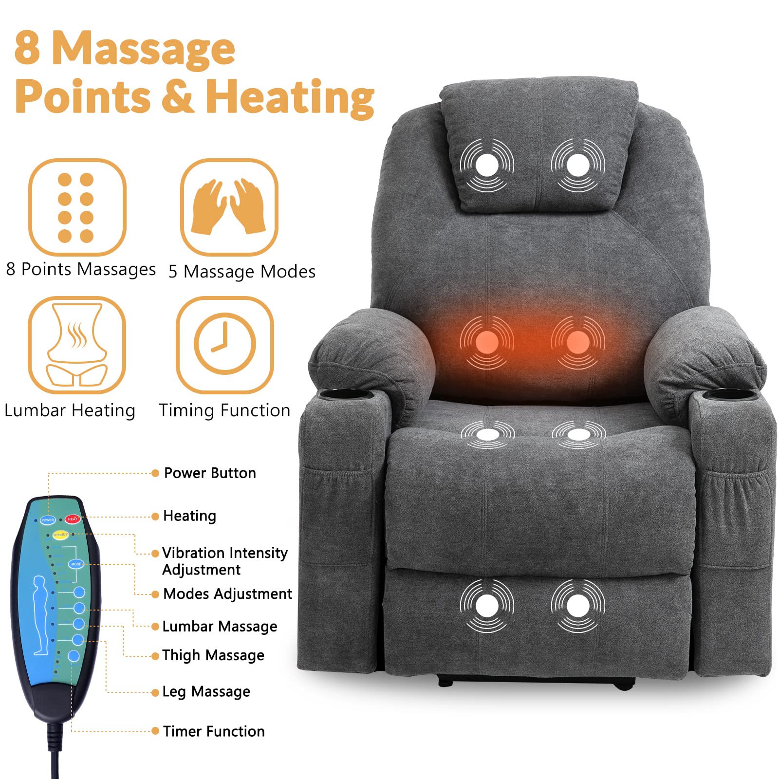 W WARMHOL Electric Power Lift Recliner Chair with Heat and Massage Lift Recliner for Elderly, Single Sofa recliners for Living Room with Cup Holders, 4 Pockets, USB Ports, Soft Fabric (Gray)