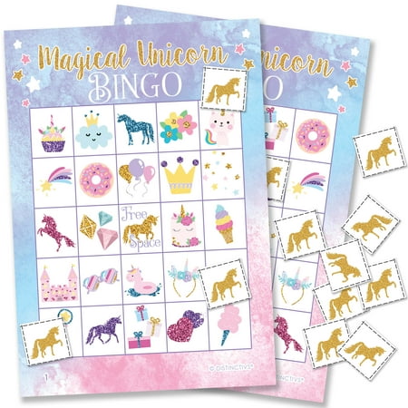 Magical Unicorn Party Game for 24 Players - Rainbow Unicorn Birthday Party Supplies - 24 Bingo Cards with Chips