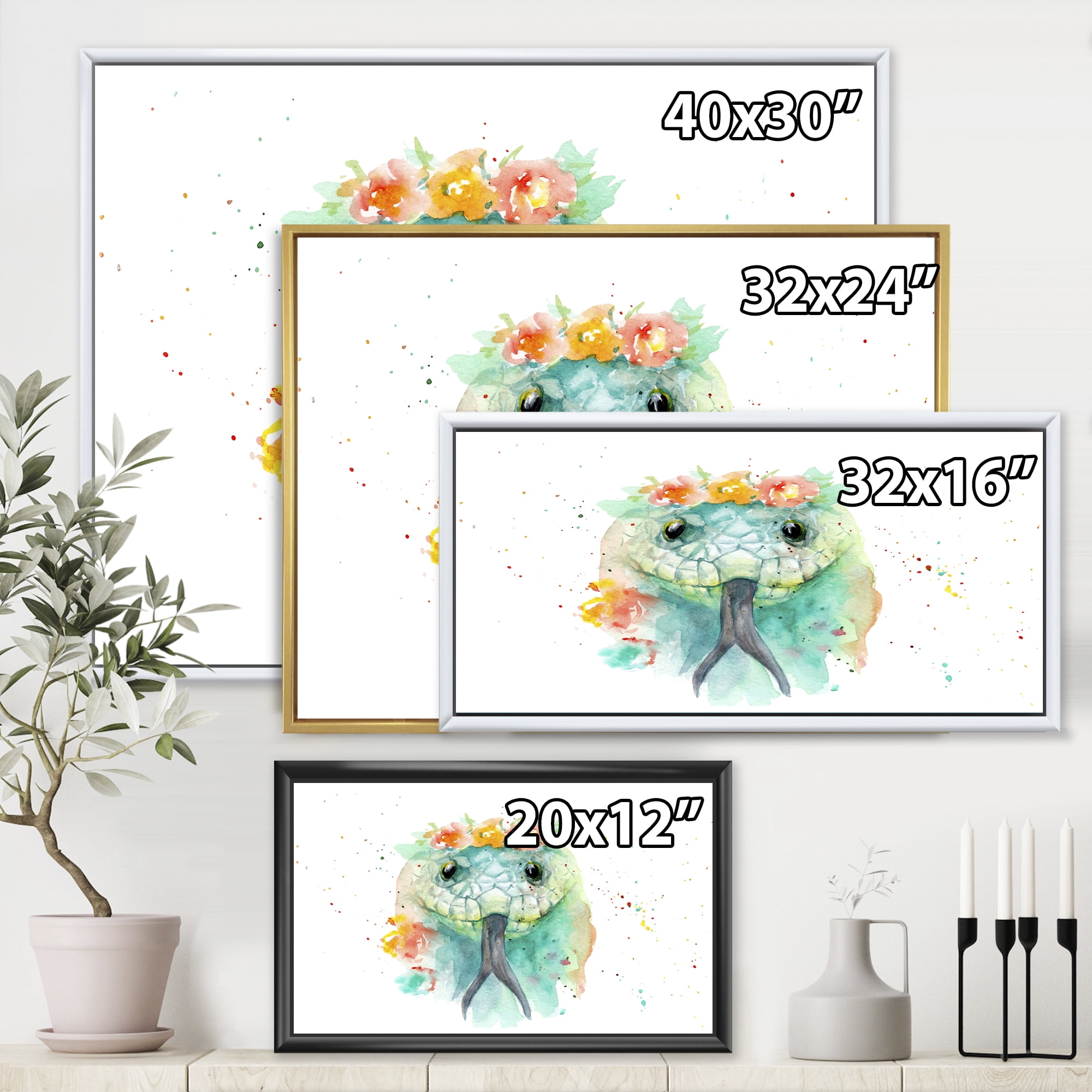 Designart 'Portrait A Green Snake In Flowers' Farmhouse Framed Canvas Wall Art Print