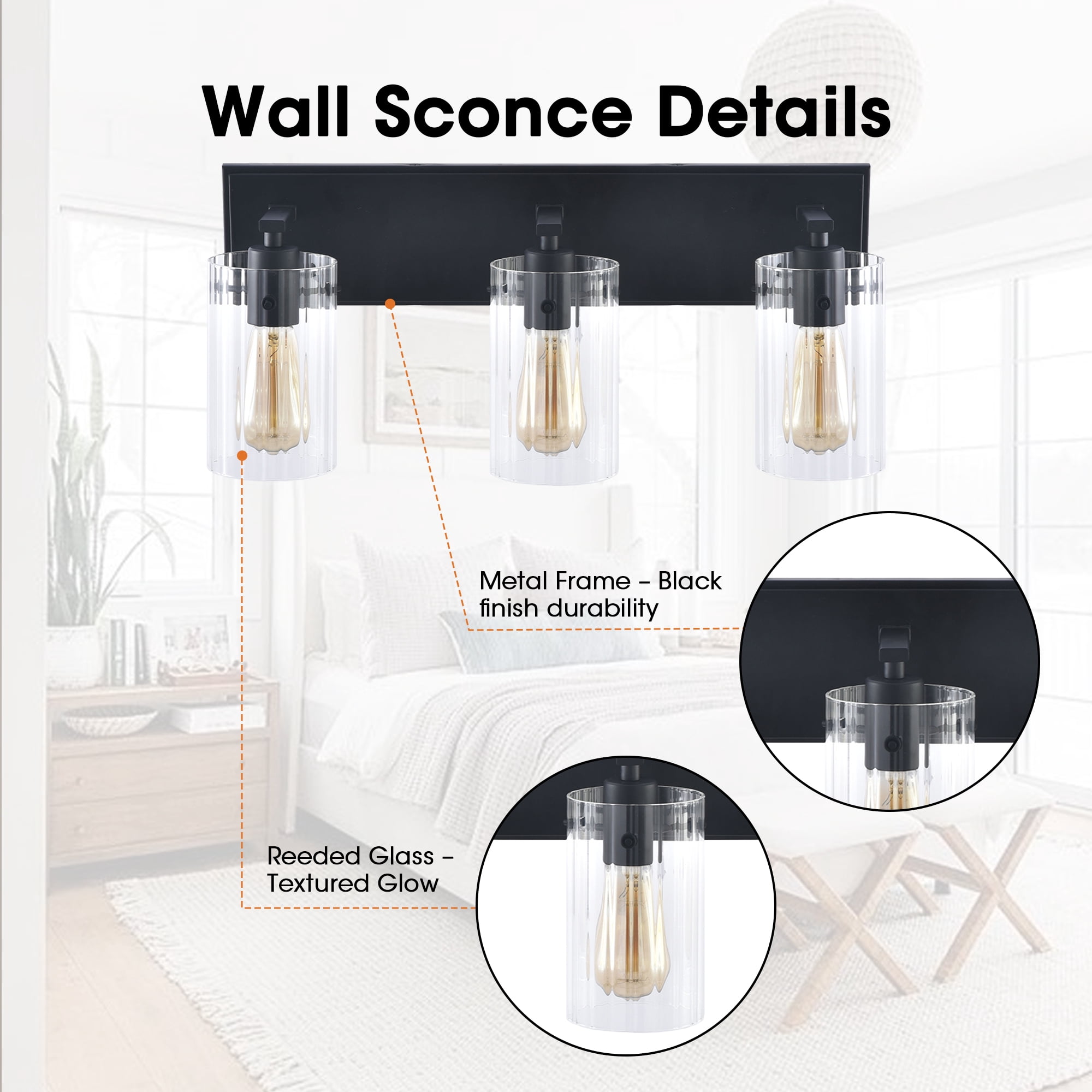 21" Modern Black 3-Light Reeded Glass Vanity Light Wall Sconce for Bathroom and Hallway
