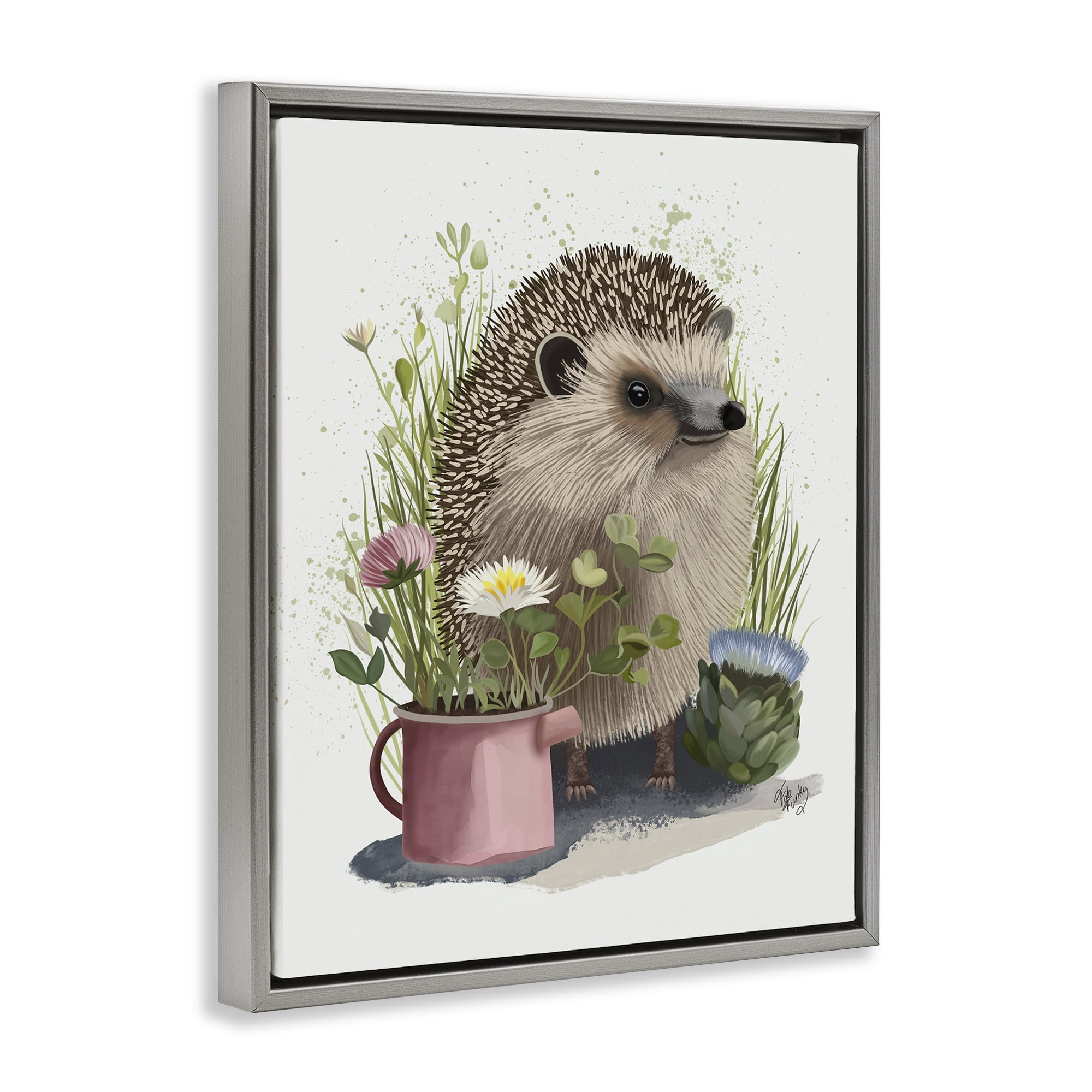 Stupell Industries Hedgehog with Garden Plants Animals & Insects Painting Gray Floater Framed Canvas Art Print Wall Art, 17 x 21