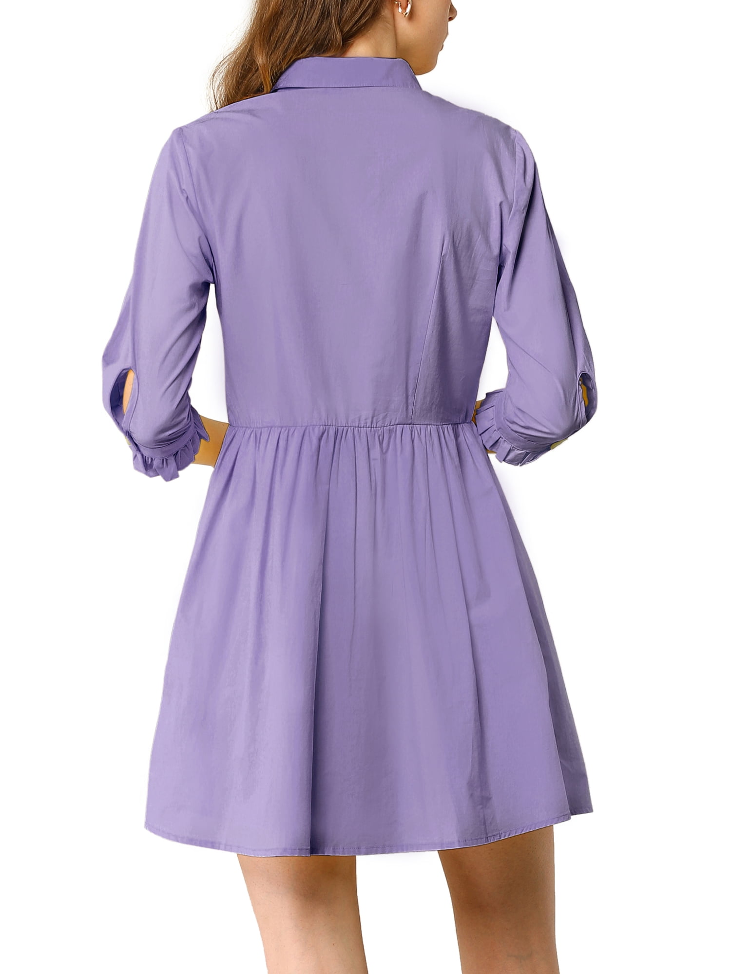 DARING DIVA Elegant Collar Flare 3/4 Sleeve Button Mini Shirt Dress S Purple